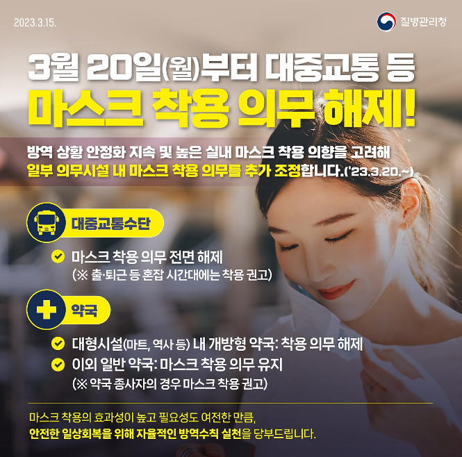  대중교통 약국 마스크 해제, 계속 써야 할 곳은 병원, 요양 시설, 약국