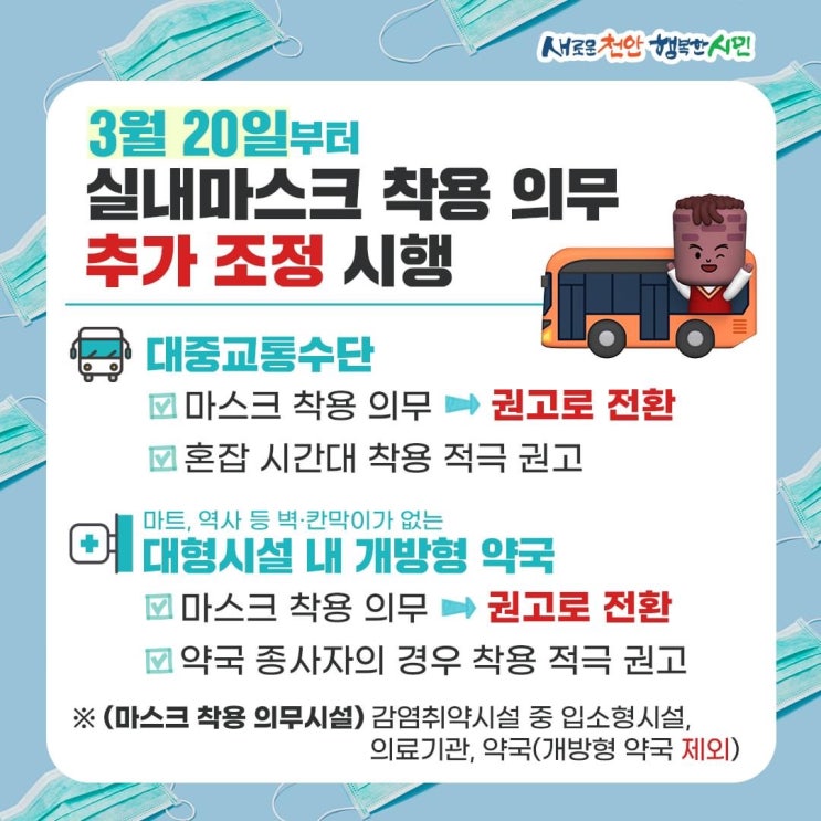 3월 20일부터 실내 마스크 착용 의무 추가 조정 시행 | 천안시청페이스북