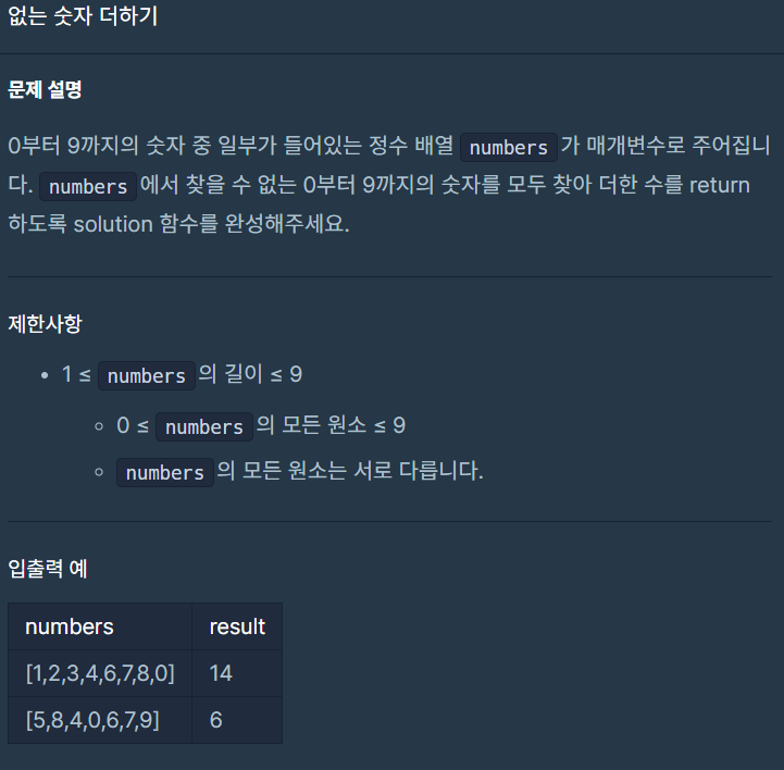  [프로그래머스 파이썬 코딩테스트 1단계]없는 숫자 더하기