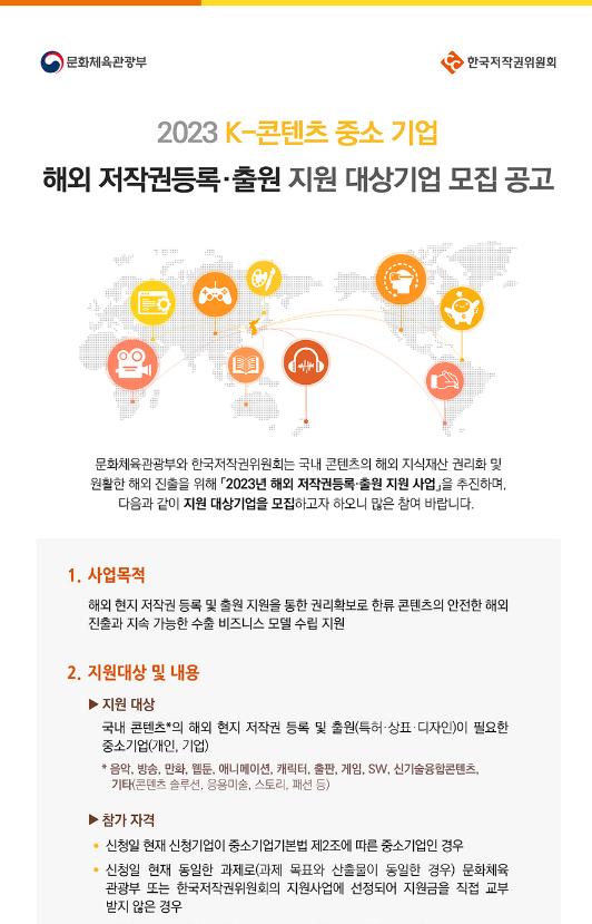 2023년 K-콘텐츠 중소기업 해외 저작권등록출원 지원 대상기업 모집 공고