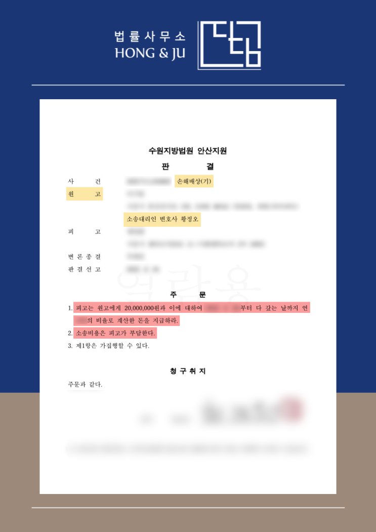  아내 직장 사내 불륜 상간남 손해배상 2000만원 받아냈습니다.