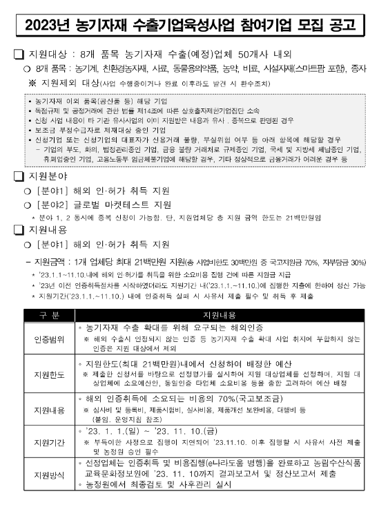 2023년 농기자재 수출기업 육성사업 참여기업 모집 공고