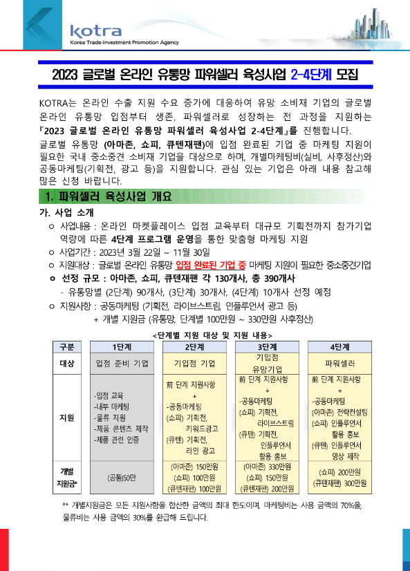 2023년 글로벌 온라인 유통망 파워셀러 육성사업 2ㆍ3ㆍ4단계 모집 공고 2023년 글로벌 온라인 유통망 파워셀러 육성사업 2ㆍ3ㆍ4단계 모집 공고