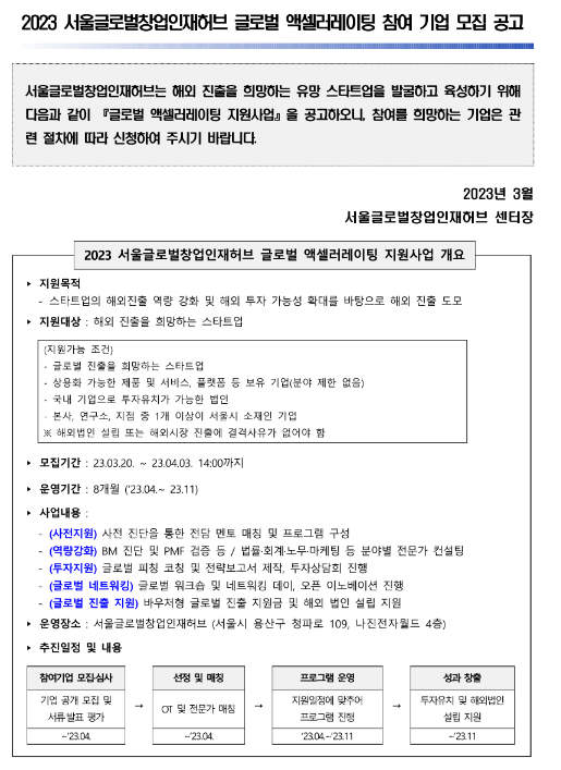 [서울] 2023년 서울글로벌창업인재허브 글로벌 액셀러레이팅 참여 기업 모집 공고