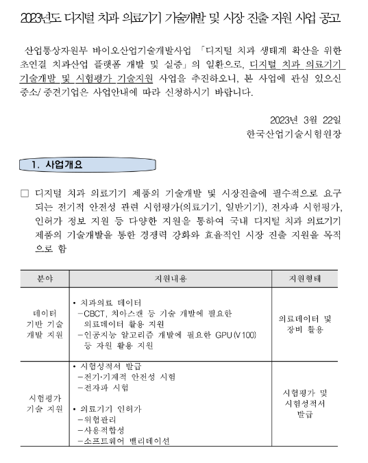 2023년 디지털 치과 의료기기 기술개발 및 시장 진출 지원사업 모집 공고