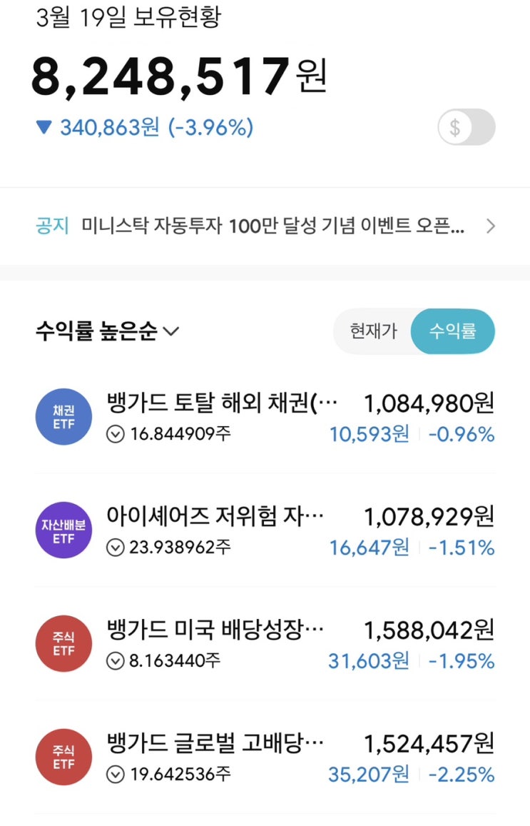  미니스탁(한국투자증권) 3월1일 잔고현황