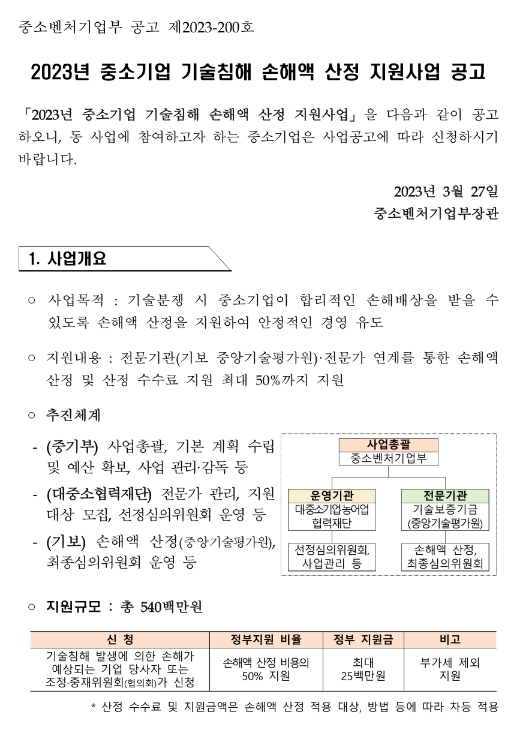 2023년 중소기업 기술침해 손해액 산정 지원사업 공고