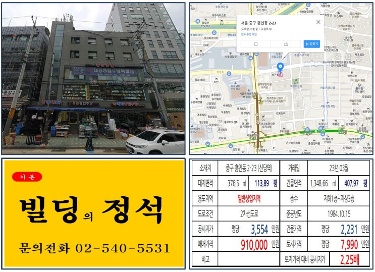[중구 황학동 주방가구거리 90억 빌딩 실거래가 조회] 흥인동 2-23 (신당역) 91억 원, 평당 7,990만 원 매매되었습니다. 신당동 중앙시장, 황학동 시장, 서울경찰청