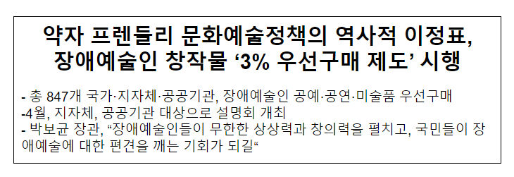 약자 프렌들리 문화예술정책의 역사적 이정표 , 장애예술인 창작물 ‘3% 우선구매 제도’ 시행 약자 프렌들리 문화예술정책의 역사적 이정표 , 장애예술인 창작물 ‘3% 우선구매 제도’ 시행