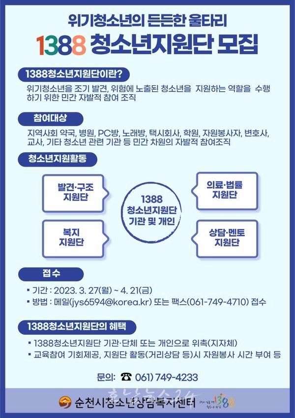  순천시 청소년상담복지센터, 4월 21일까지 1388청소년지원단 모집