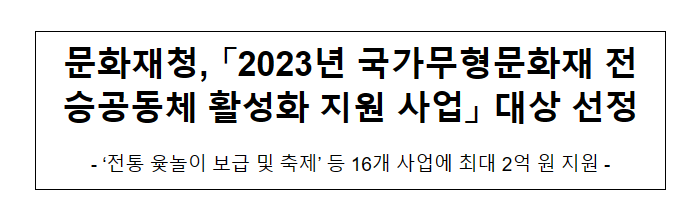 문화재청, 「2023년 국가무형문화재 전승공동체 활성화 지원 사업」 대상 선정
