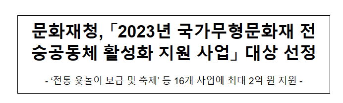문화재청, 「2023년 국가무형문화재 전승공동체 활성화 지원 사업」 대상 선정 문화재청, 「2023년 국가무형문화재 전승공동체 활성화 지원 사업」 대상 선정