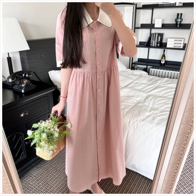  루즈핏 배색 카라 롱 원피스 봄 여름 셔츠 면원피스