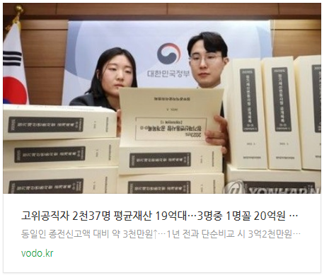 [아침뉴스] 고위공직자 2천37명 평균재산 19억대…3명중 1명꼴 20억원 이상