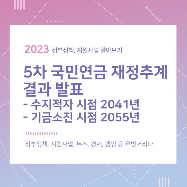 제5차 국민연금 재정추계 결과 발표(국민연금 수지적자 시점 2041년, 기금소진 시점은 2055년)_보건복지부 제5차 국민연금 재정추계 결과 발표(국민연금 수지적자 시점 2041년, 기금소진 시점은 2055년)_보건복지부