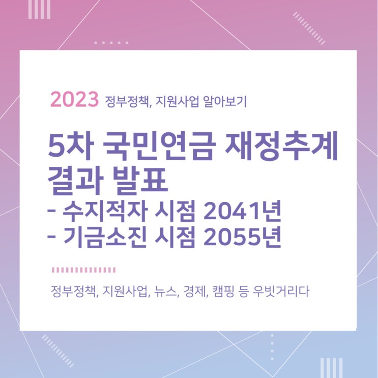 제5차 국민연금 재정추계 결과 발표(국민연금 수지적자 시점 2041년, 기금소진 시점은 2055년)_보건복지부