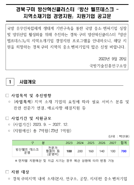 [경북] 방산 헬프데스크 지역소재기업 경영지원 지원기업 공고(경북ㆍ구미 방산혁신클러스터)