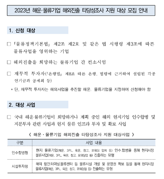 2023년 5차 해운ㆍ물류기업 해외진출 타당성조사 지원 대상 모집 공고(해외물류시장 개척지원 사업) 2023년 5차 해운ㆍ물류기업 해외진출 타당성조사 지원 대상 모집 공고(해외물류시장 개척지원 사업)