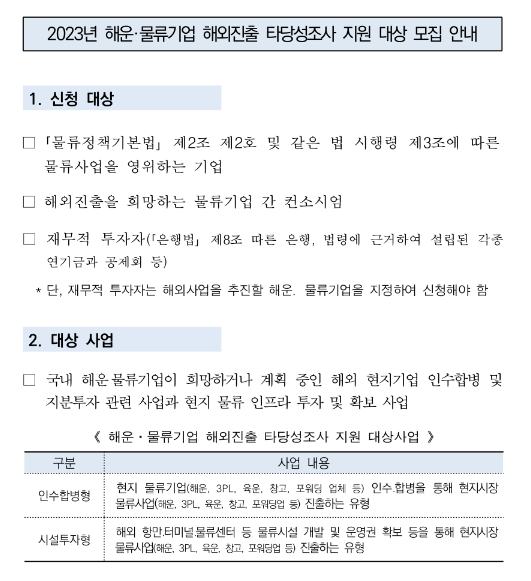 2023년 5차 해운ㆍ물류기업 해외진출 타당성조사 지원 대상 모집 공고(해외물류시장 개척지원 사업)