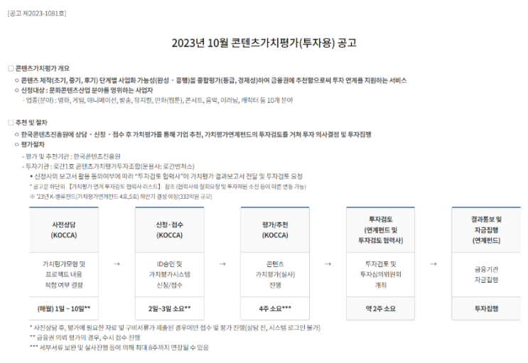 2023년 10월 콘텐츠가치평가(투자용) 공고 2023년 10월 콘텐츠가치평가(투자용) 공고