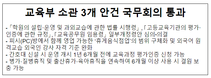 교육부 소관 3개 안건 국무회의 통과, 「학원의 설립·운영 및 과외교습에 관한 법률 시행령」 , 「고등교육기관의 평가·인증에 관한 규정」, 「교육공무원 임용령」 일부개정령안 교육부 소관 3개 안건 국무회의 통과, 「학원의 설립·운영 및 과외교습에 관한 법률 시행령」 , 「고등교육기관의 평가·인증에 관한 규정」, 「교육공무원 임용령」 일부개정령안