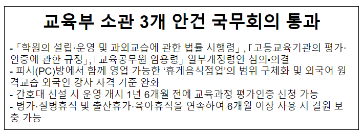 교육부 소관 3개 안건 국무회의 통과, 「학원의 설립·운영 및 과외교습에 관한 법률 시행령」 , ｢고등교육기관의 평가·인증에 관한 규정」, ｢교육공무원 임용령」 일부개정령안