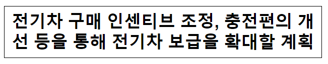 전기차 구매 인센티브 조정, 충전편의 개선 등을 통해 전기차 보급을 확대할 계획