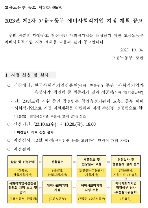 2023년 2차 고용노동부 예비사회적기업 지정 계획 공고 2023년 2차 고용노동부 예비사회적기업 지정 계획 공고