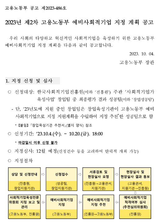 2023년 2차 고용노동부 예비사회적기업 지정 계획 공고