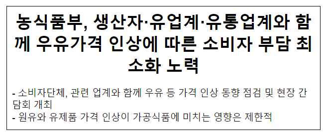 농식품부, 생산자·유업계·유통업계와 함께 우유가격 인상에 따른 소비자 부담 최소화 노력 농식품부, 생산자·유업계·유통업계와 함께 우유가격 인상에 따른 소비자 부담 최소화 노력