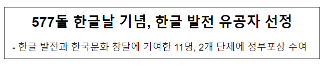 577돌 한글날 기념, 한글 발전 유공자 선정 577돌 한글날 기념, 한글 발전 유공자 선정