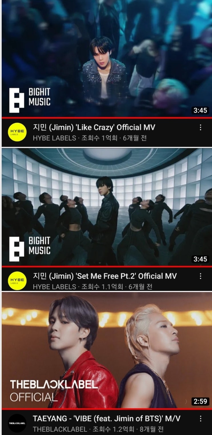 [방탄소년단<b>지민</b>]솔로 최초 2023년 <b>1억뷰 뮤비</b> 3개... 