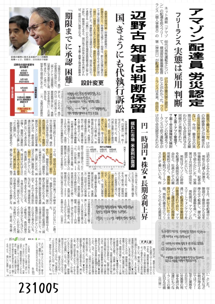 [231005 목] 아사히, 닛케이(일본경제) 신문 스크랩