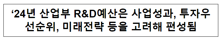 ‘24년 R&D예산은 사업성과, 투자우선순위, 미래전략 등을 고려해 편성됨 ‘24년 R&D예산은 사업성과, 투자우선순위, 미래전략 등을 고려해 편성됨