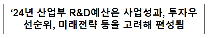 ‘24년 R&D예산은 사업성과, 투자우선순위, 미래전략 등을 고려해 편성됨