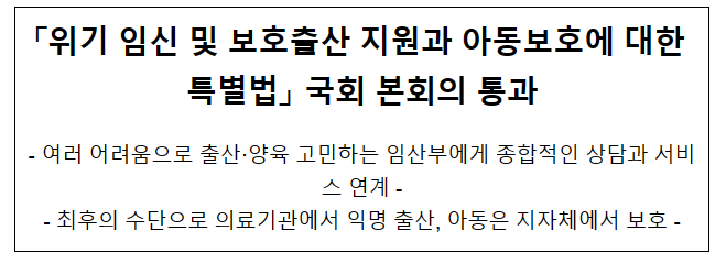 「위기 임신 및 보호출산 지원과 아동보호에 대한 특별법」국회 본회의통과 「위기 임신 및 보호출산 지원과 아동보호에 대한 특별법」국회 본회의통과