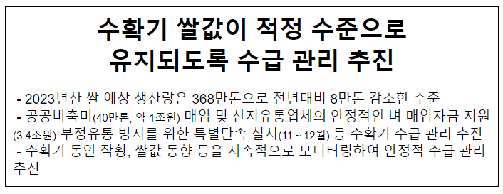 수확기 쌀값이 적정 수준으로 유지되도록 수급 관리 추진