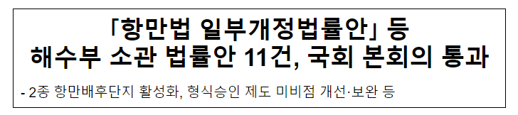 「항만법 일부개정법률안」 등 해수부 소관 법률안 11건, 국회 본회의 통과 「항만법 일부개정법률안」 등 해수부 소관 법률안 11건, 국회 본회의 통과