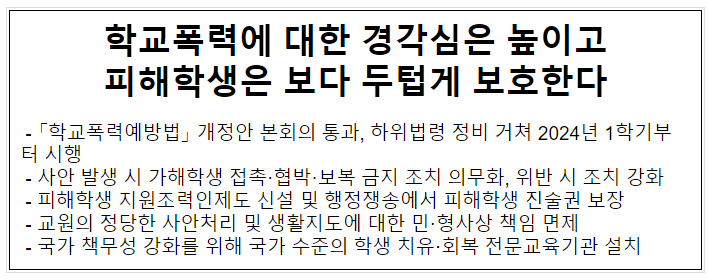 학교폭력에 대한 경각심은 높이고 피해학생은 보다 두텁게 보호한다 학교폭력에 대한 경각심은 높이고 피해학생은 보다 두텁게 보호한다