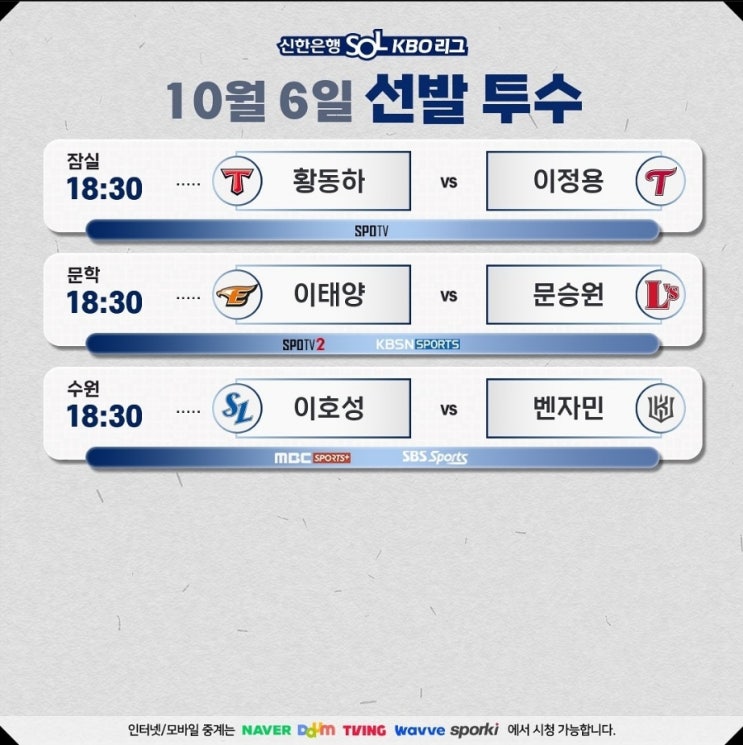  10/06 KBO 야구일정 : 선발 라인업 일정 순위