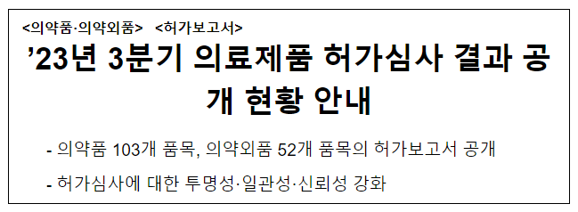 ’23년 3분기 의료제품 허가심사 결과 공개 현황 안내 ’23년 3분기 의료제품 허가심사 결과 공개 현황 안내
