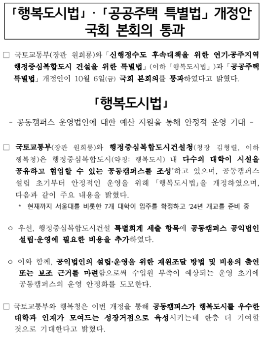 「행복도시법」·「공공주택 특별법」 개정안 국회 본회의 통과 「행복도시법」·「공공주택 특별법」 개정안 국회 본회의 통과