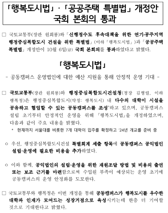 「행복도시법」·「공공주택 특별법」 개정안 국회 본회의 통과