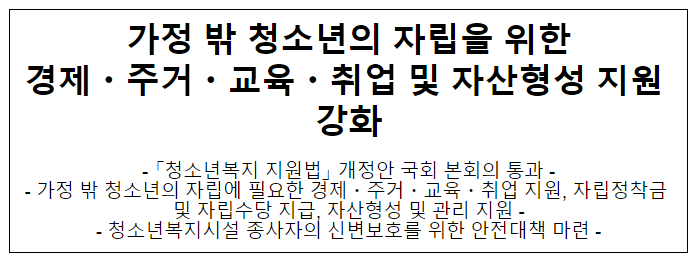 가정 밖 청소년의 자립을 위한 경제·주거·교육·취업 및 자산형성 지원 강화 가정 밖 청소년의 자립을 위한 경제·주거·교육·취업 및 자산형성 지원 강화