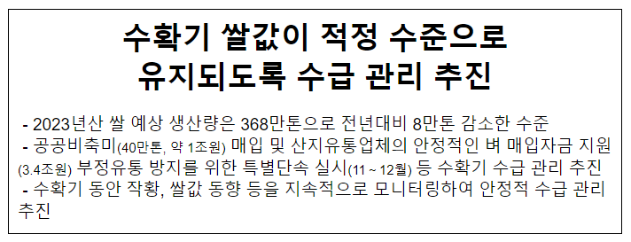 수확기 쌀값이 적정 수준으로 유지되도록 수급 관리 추진 수확기 쌀값이 적정 수준으로 유지되도록 수급 관리 추진
