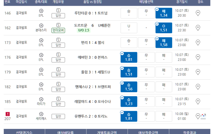 프로토 10/7일 토요일 경기 적중