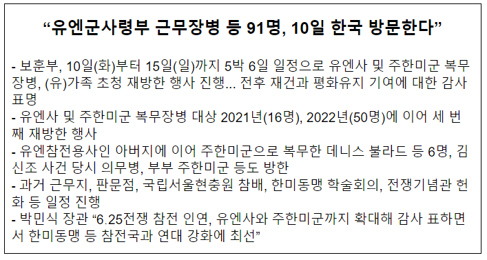 유엔사령부 근무장병 등 91명, 10일 한국 방문한다 유엔사령부 근무장병 등 91명, 10일 한국 방문한다