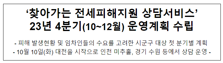 ‘찾아가는 전세피해지원 상담서비스’ 23년 4분기(10~12월) 운영계획 수립 ‘찾아가는 전세피해지원 상담서비스’ 23년 4분기(10~12월) 운영계획 수립