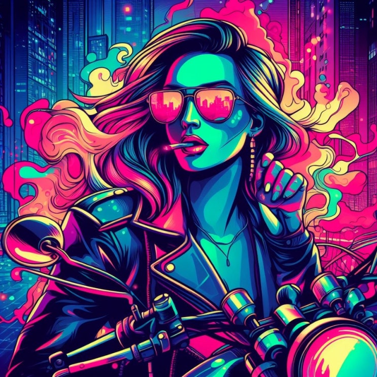 DALL-E(달리)를 이용한 이미지 생성사례 / 여성라이더 / Neon Color,  Steampunk / 디지털콘텐츠큐레이터 황선웅