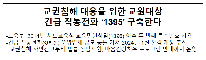 교권침해 대응을 위한 교원대상 긴급 직통전화 ‘1395’ 구축한다 교권침해 대응을 위한 교원대상 긴급 직통전화 ‘1395’ 구축한다